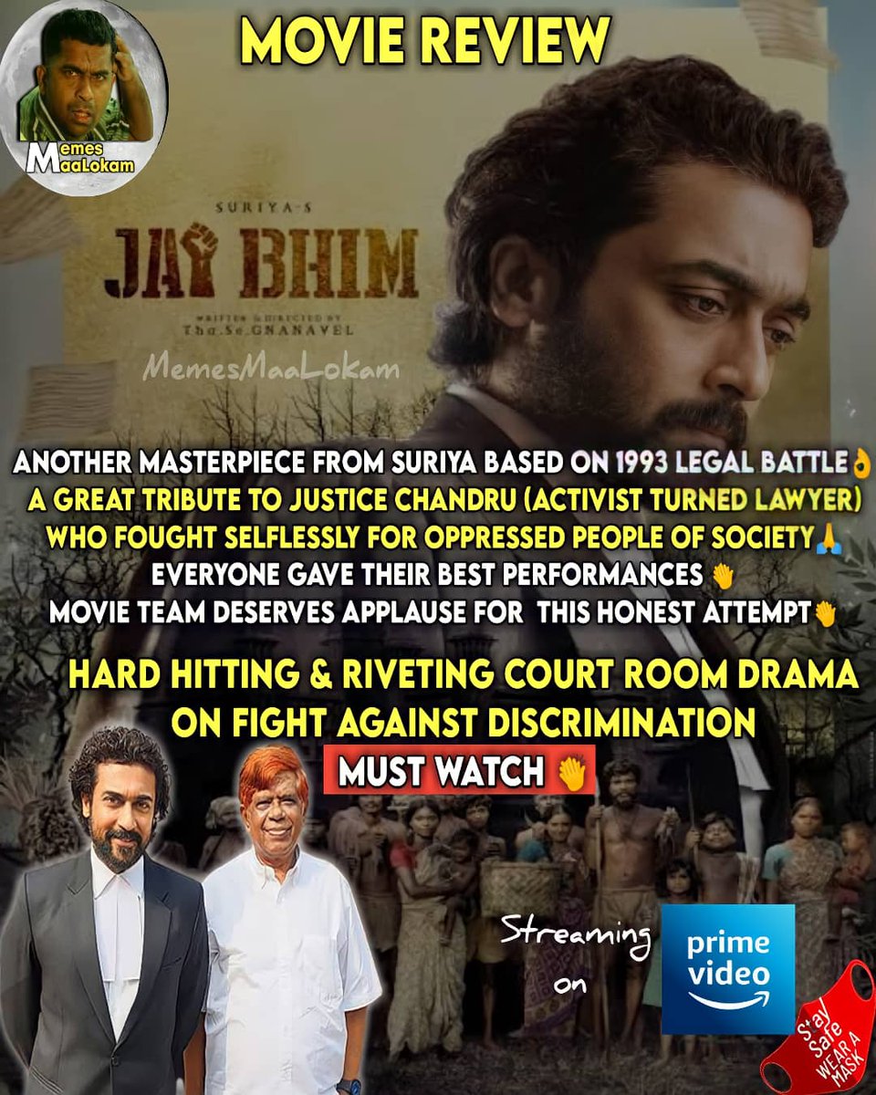 Nb4Ea's tweet photo. #MovieReview - #JaiBhim ✊️
#Mustwatch 👌 #Courtroomdrama #Riveting #fightagainstdiscrimination
#Suriya 👌#kmanikandan 👌 #tjgnanavel 👏 @PrimeVideoIN 🤝 #LijoMolJose #rajishavijayan 👏 @Suriya_offl 👌👏
FOLLOW @Nb4Ea https://t.co/H1tiuVbU0M