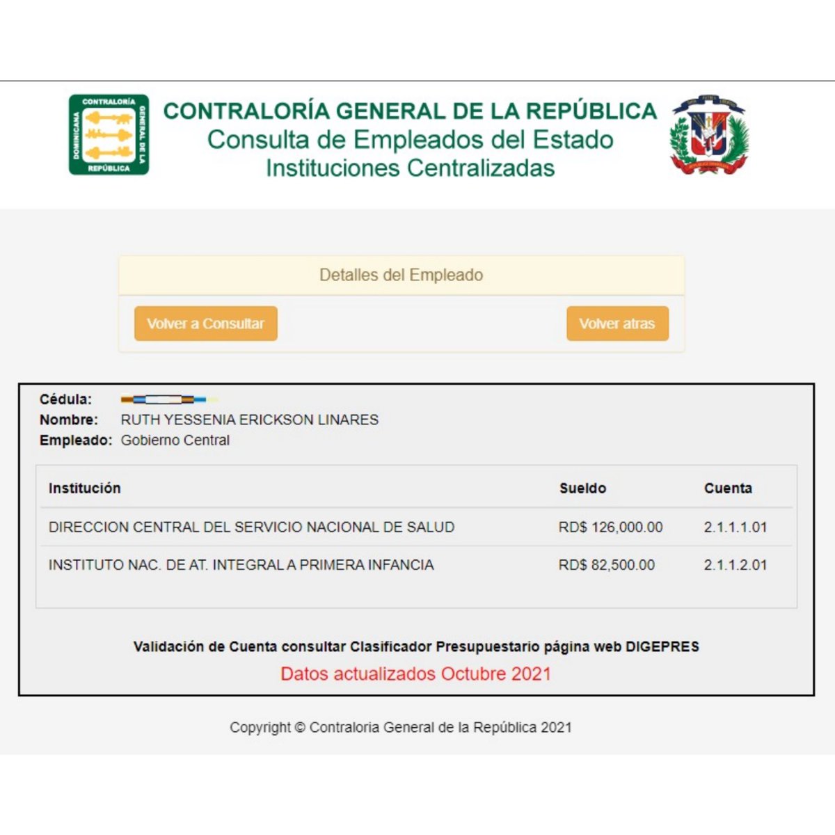 Atención <a href="/MapRDo/">MAPRDO</a> <a href="/DIGEIGRD/">Dirección General de Ética e Integridad</a>
. 
Favor aclarar caso denunciado desde agosto. La nombrada Ruth Yessenia Erickson Linares de De Camps en <a href="/ContraloriaRD/">Contraloría General de la República Dominicana</a>
aparece en nómina de dos instituciones públicas <a href="/INAIPIRD/">INAIPIRD🇩🇴</a> y <a href="/SNSRDO/">Servicio Nacional de Salud</a> con sueldo de RD$82,500 y RD$126,000.