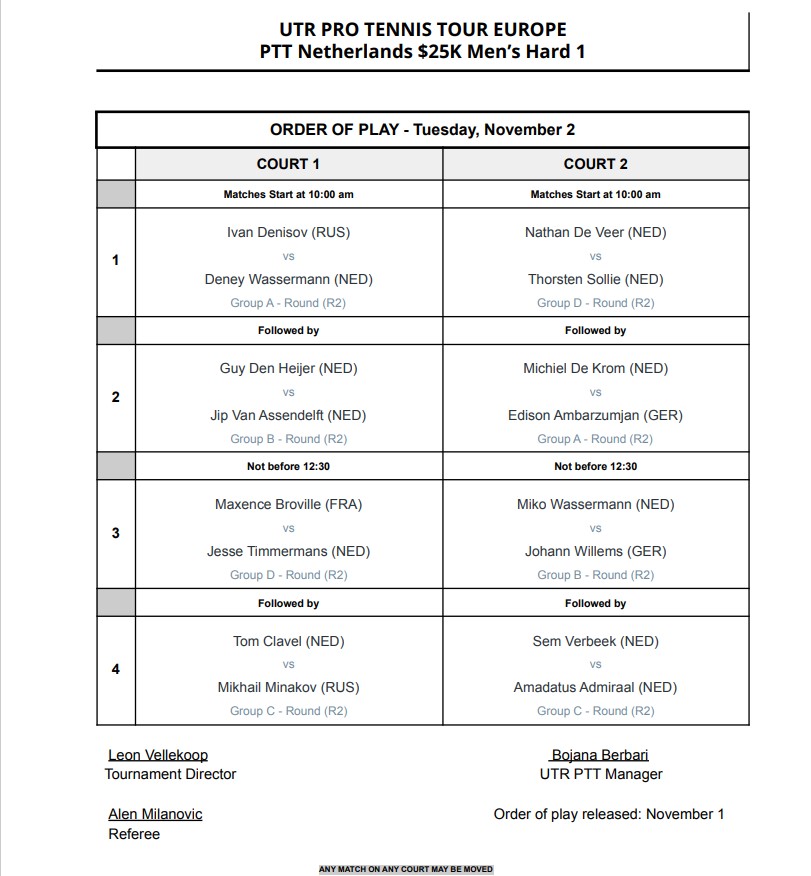 SportskillsPTT's tweet photo. The order of play for day 2, Tuesday, November 2nd is out:
#UTRPTTBlaricum #toptennis #blaricum #bltcinbetween #tennis #universaltennis #bltc #Sportskills #orderofplay #programma https://t.co/UlNBcwKcLD
