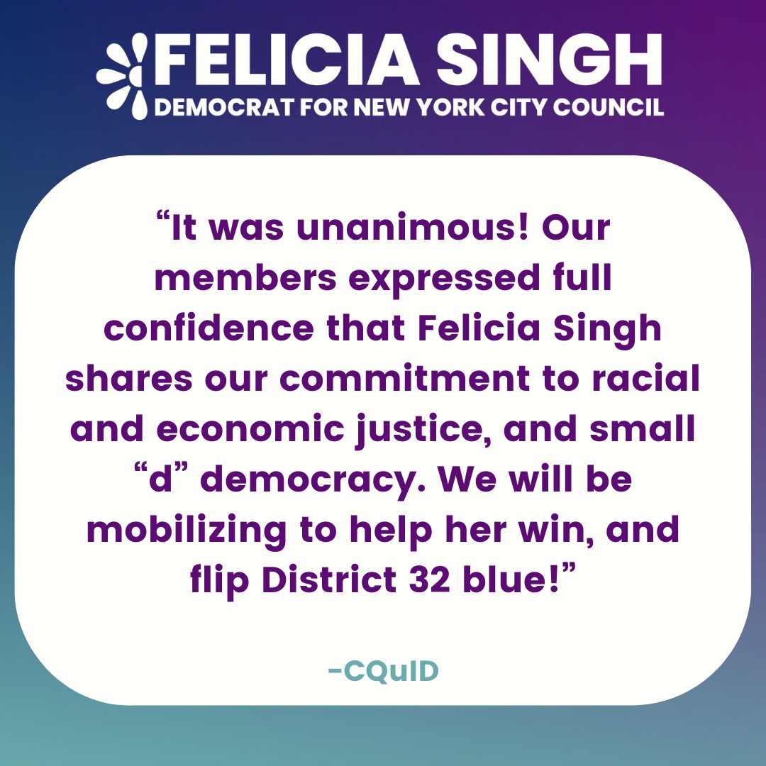 FeliciaSinghNYC's tweet photo. Thrilled to be endorsed by Central Queens Independent Democrats!
"Democratic Party club focused on fighting for racial and economic justice, and grassroots democracy." @CQUID718 https://t.co/pwqfGbNVLD