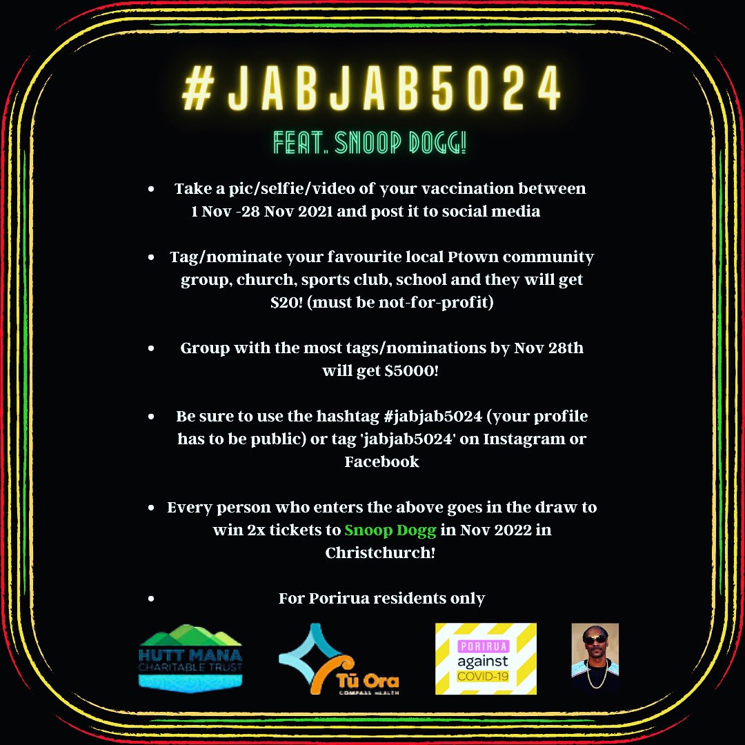 HenriettaHunkin's tweet photo. Porirua’s Race to 90 continues! Giving back to the community, with tickets to @SnoopDogg up for grabs #jabjab5024 #porirua #COVID19 https://t.co/pJpT0YpEqU