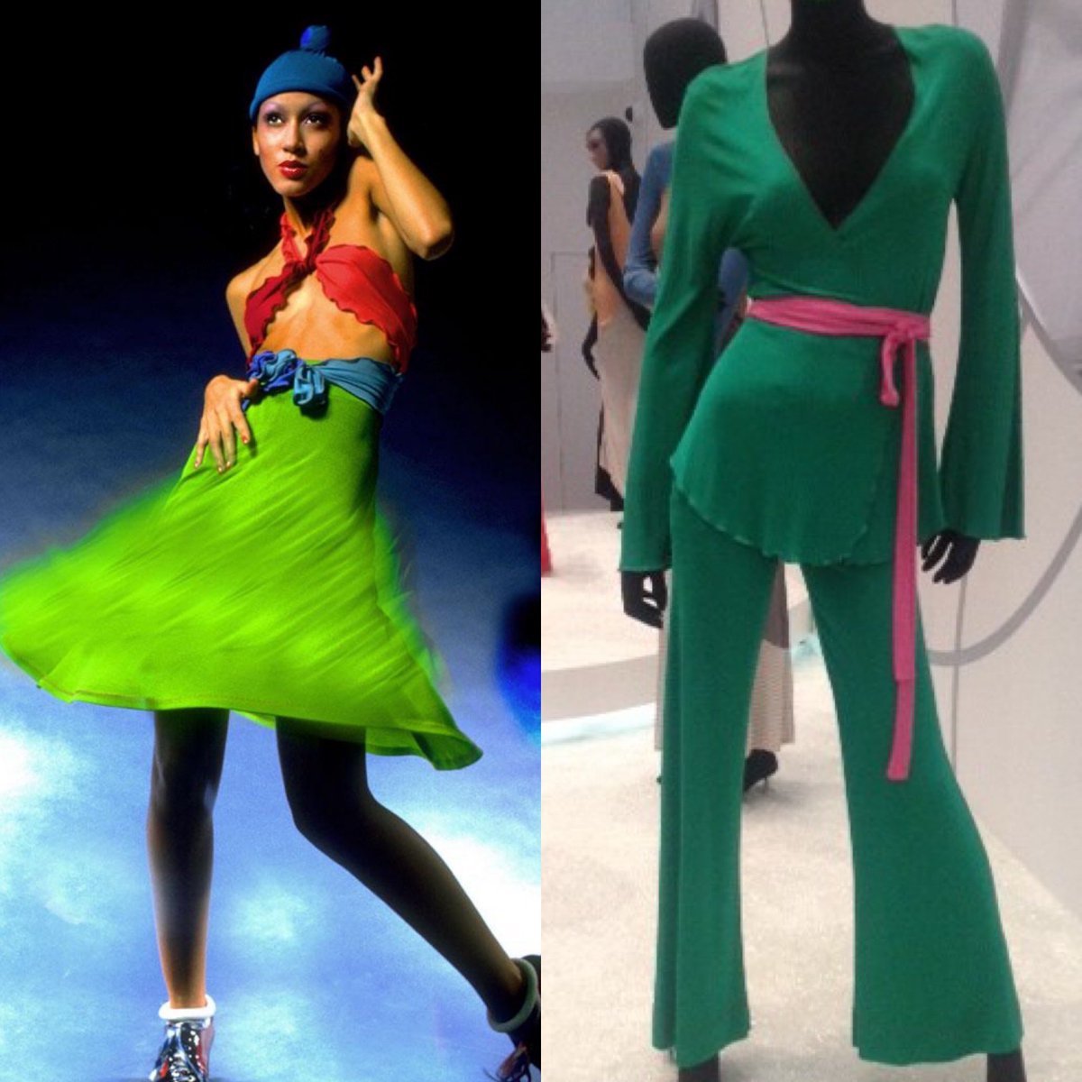 kateStrasdin's tweet photo. Two ensembles that both feature #StephenBurrows’s trademark lettuce edge hems, #PatCleveland spinning in a two piece set and a #1970s wrap top pantsuit @studiomuseum. The crimped edge ripples along so many of his amazing garments #fashionhistory https://t.co/67fFDFMMZy