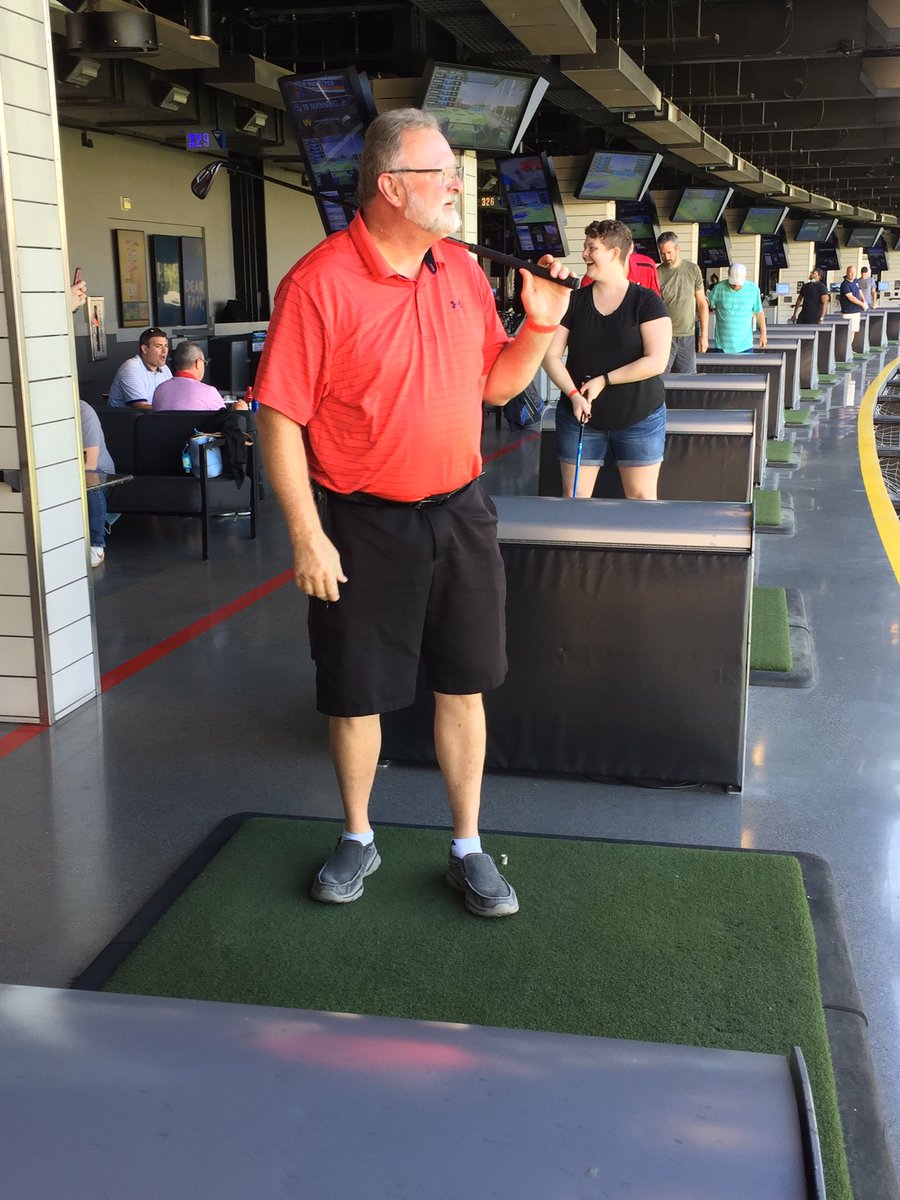 TBDZ's tweet photo. Tire Industry Association Board member Tim BeVier checks out his golf shot during a TIA fundraiser at TopGolf Las Vegas prior to the start of the Global Tire Expo/SEMA Show. @thetireindustry @tirebusiness @Tire_Review @MTDMagazine https://t.co/lyHq0twzD4