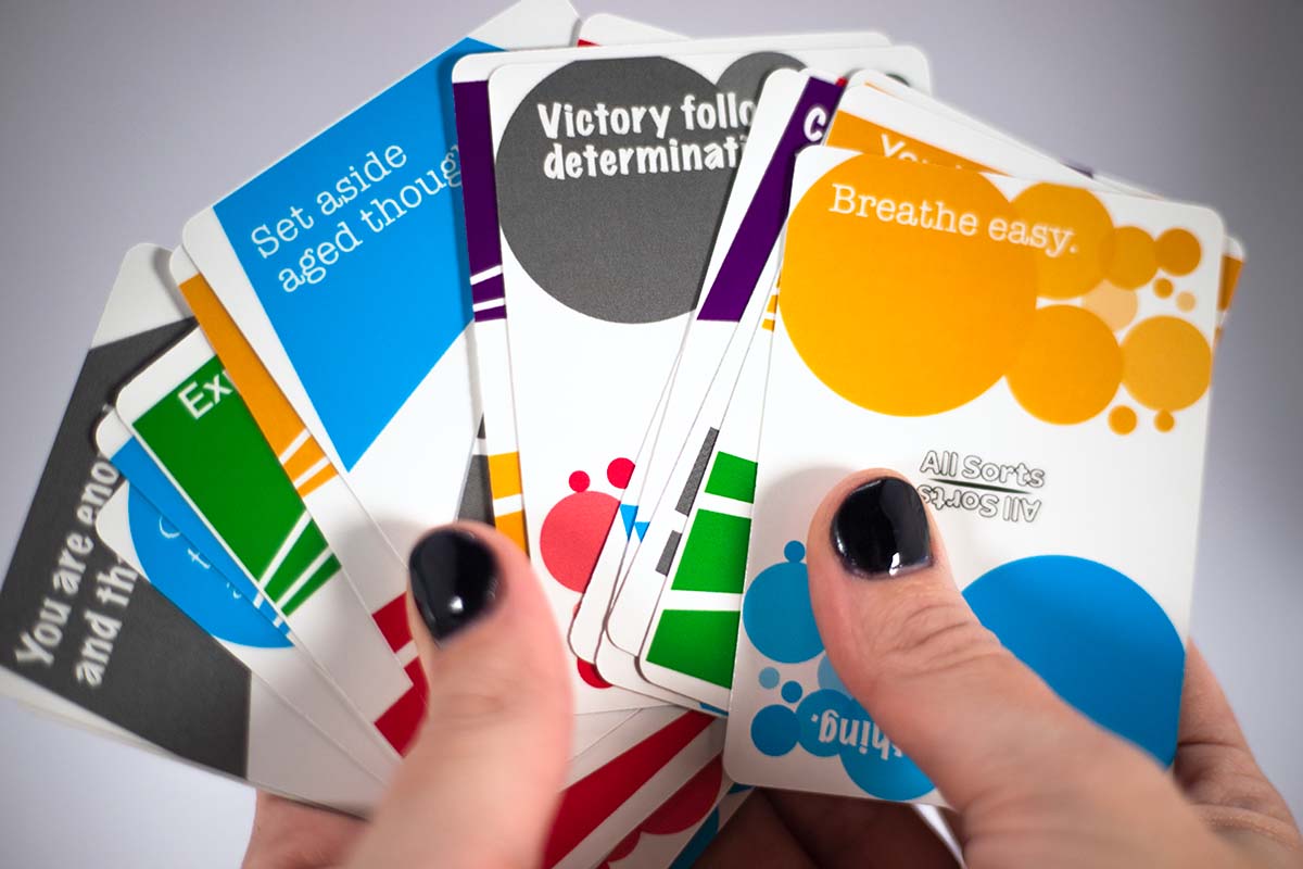 MikeSooch's tweet photo. All Sorts Calming Cards is a deck of cards that serves as a stress-reduction device through the simple activity of sorting. No games, no rules, just an inspirational path to serenity. The Kickstarter campaign is now under way and can be found at https://t.co/VKWY3KU8jr. https://t.co/V4GQN7Qrqy