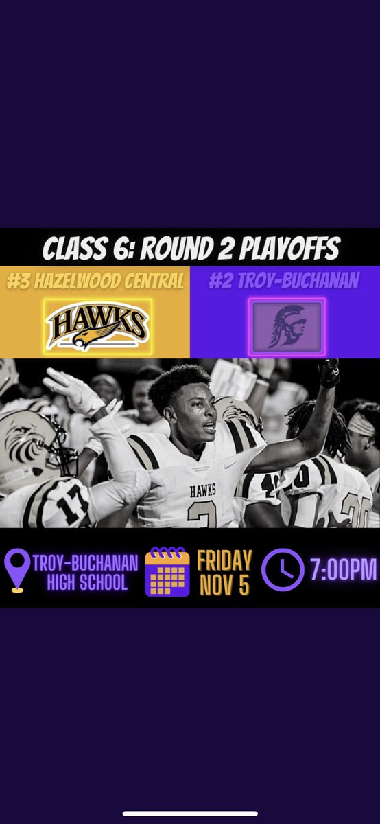 FB_Hawks's tweet photo. Your Hawks are on the road this Friday @7pm for Round 2. Let’s pack the stands!! #Playoffs #OneGoal #OneMission #HawkShow #TheMecca #RoadToState https://t.co/qbyUjC5bCl