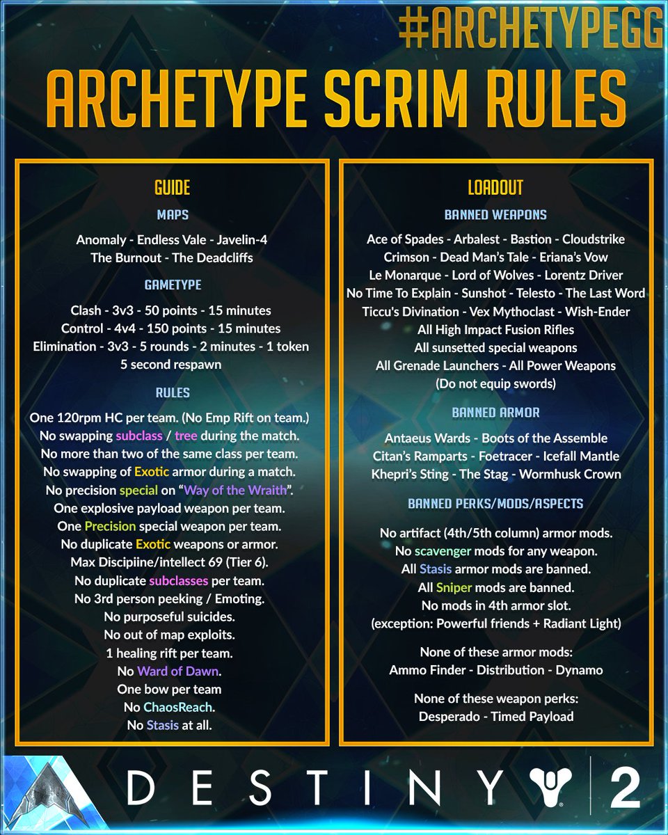 ArchetypeGG's tweet photo. Weekly #Destiny2 #Scrims Reminder!
Starts in.. 10mins.
Every Monday at 8pm ET and Thursday at 5pm ET!
(repeating weekly)
All are welcome, JOIN AT ANYTIME, we run as late as people want.
-
Discord: https://t.co/V7yvYeRWo0
-
#Archetype #ArchetypeGG https://t.co/FS452QvYTe