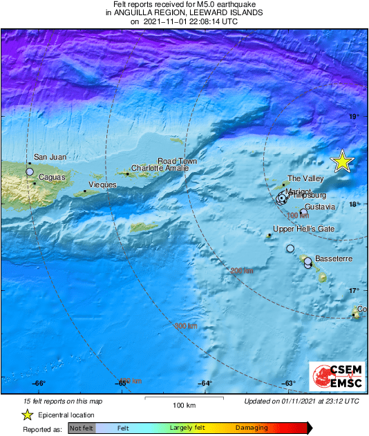 LastQuake's tweet photo. Map of felt reports received so far following the #earthquake M5.0 in Anguilla Region, Leeward Islands 1hr 4min ago https://t.co/hEOf23grrF