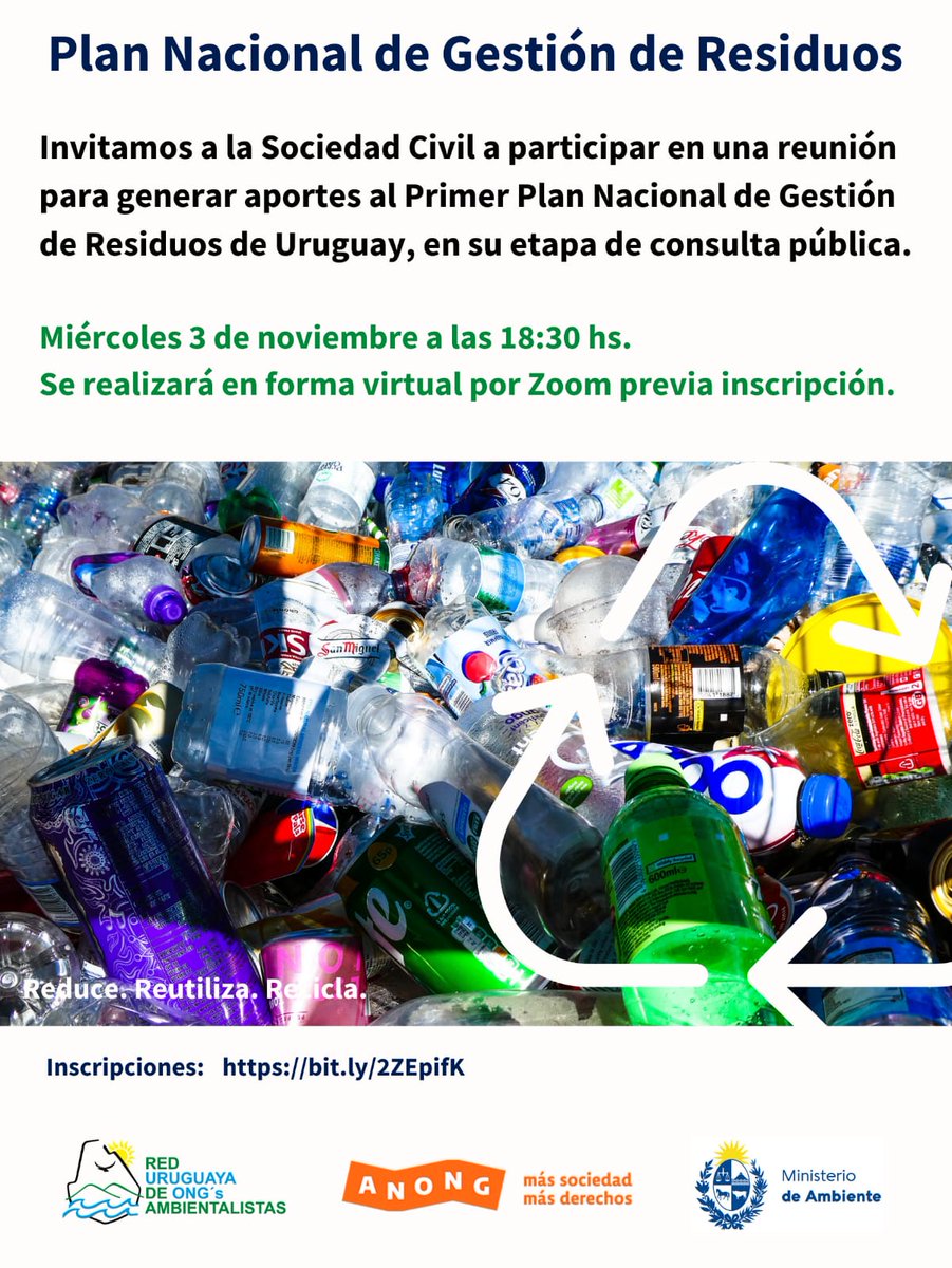 El <a href="/mambienteuy/">Ministerio de Ambiente</a> presentó el Plan Nacional de Gestión de Residuos, que pautará la hoja de ruta de los próximos 10 años en la gestión de residuos.

Junto a <a href="/red_ongs_amb/">Red Uruguaya de ONGs Ambientalistas</a> convocamos a un conversatorio para dialogar y hacer aportes a este.

Inscribite: forms.gle/YEAvw7KYiG2iCX…