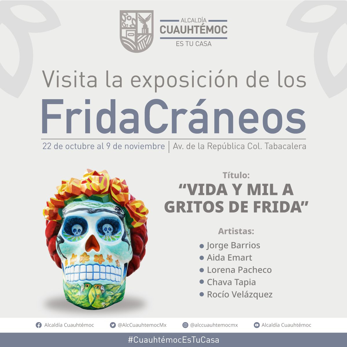 ¿Ya visitaste la exposición #FridaCráneos? 
"Vida y mil a gritos de Frida" forma parte de esta muestra llena de color🎨🖌️ y tradición.🕯️🏵️
¡Te invitamos a visitarla y a tomarte muchas fotos!📸

#CuauhtémocEsTuCasa🏠