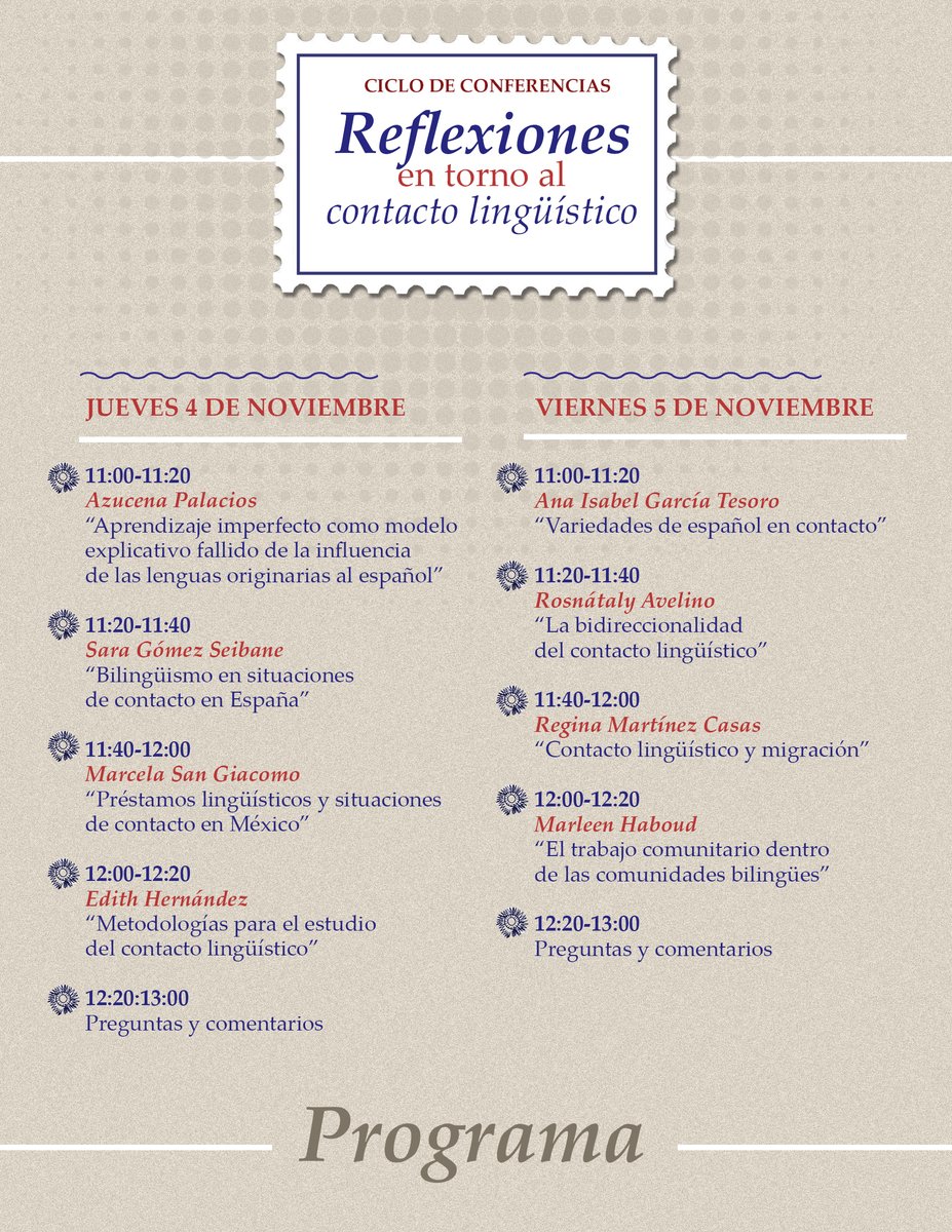👉 Mañana comienza el ciclo de conferencias: "Reflexiones en torno al contacto lingüístico".

🔴 Podrás ver la transmisión del evento a través de "Facebook Live".

⏰ ¡Te esperamos a partir de las 11:00 horas!

📧 Informes e inscripciones: nadiezdhatorres@comunidad.unam.mx