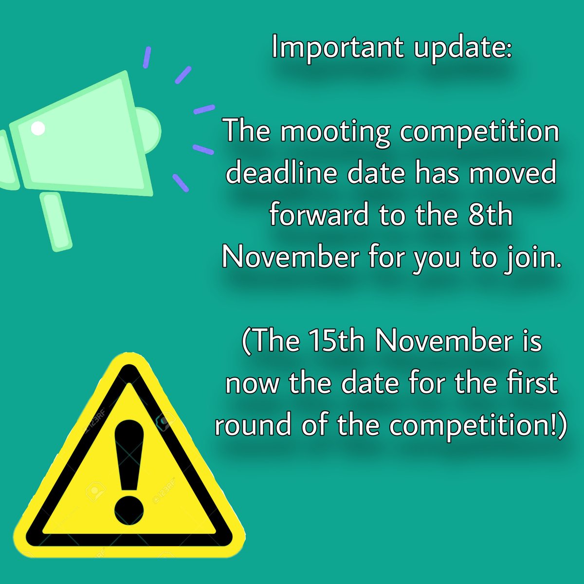 BMSLSBU's tweet photo. ⚠️⚠️⚠️Important update: The mooting competition deadline date has moved forward to the 8th for you to join.

(The 15th is now the date for the first round of the competition!) https://t.co/5Csc7EynFj