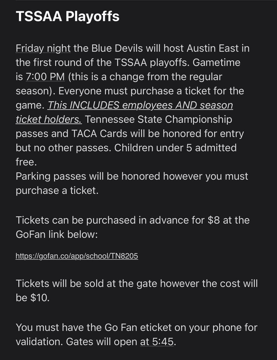 Huge game this Friday night against a very talented Austin East team - Kickoff is at 7:00 at Gentry Stadium for the 1st Round of the TSSAA Playoffs!  #Team100 #ForksUp 

See below for ticket info and link to purchase tickets:
gofan.co/app/school/TN8…