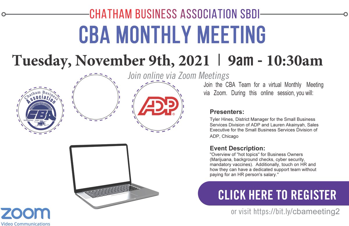 Chatham Business Association, SBDI on Twitter: "CBA MONTHLY MEETING  November 9th @ 9am via Zoom - https://t.co/ujmKktngDW  https://t.co/yEK4Z589I0" / Twitter