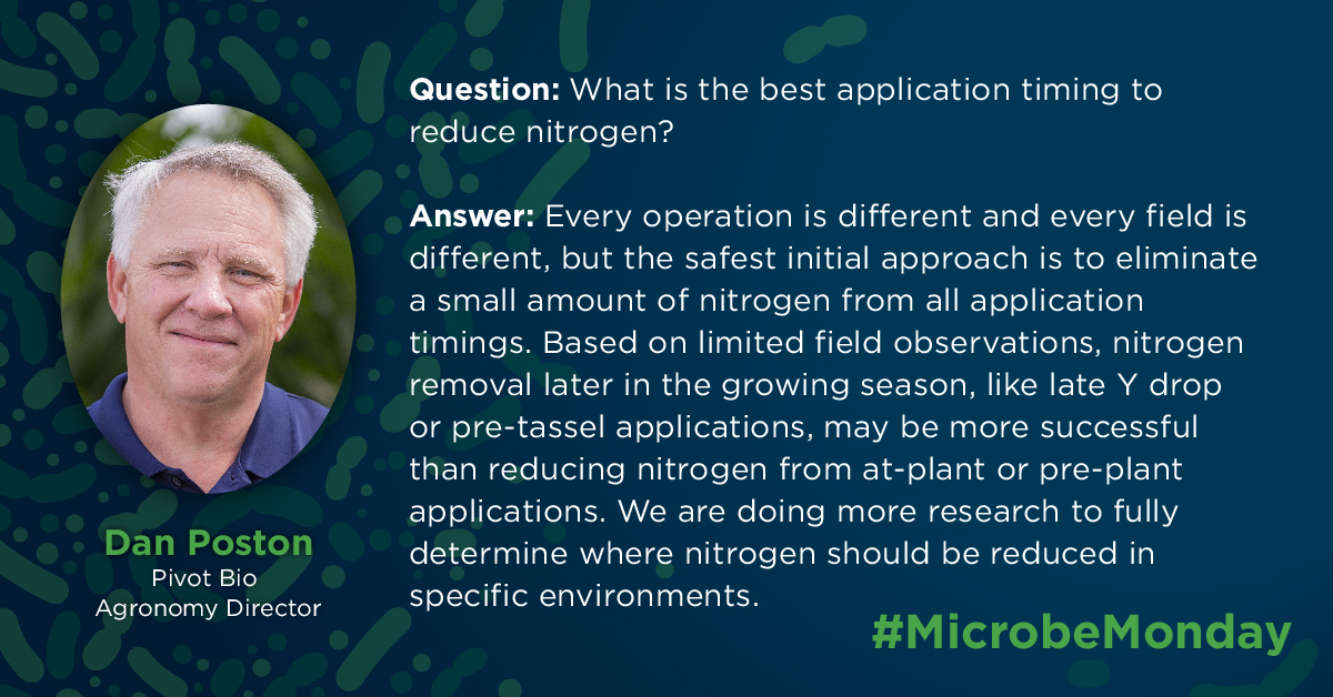 pivotbio's tweet photo. The right #nitrogen reduction strategy will vary from operation to operation. @DanPoston, Pivot Bio's Agronomy leader, shares key considerations for reducing nitrogen with Pivot Bio products in today's #MicrobeMonday Q&amp;A: https://t.co/EDttJUezmL