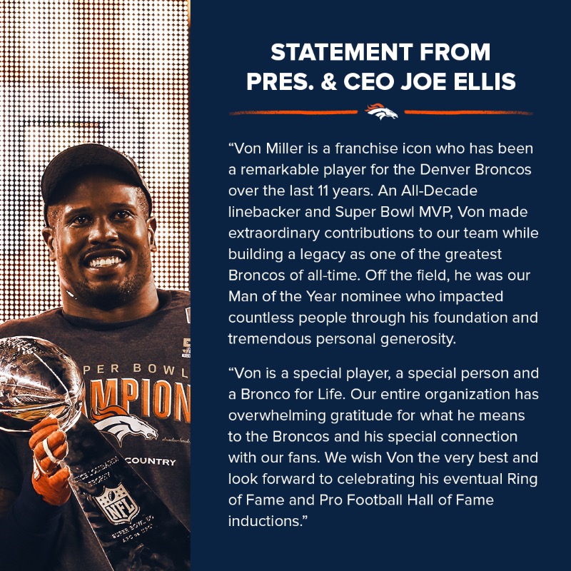 Broncos's tweet photo. “Von is a special player, a special person and a Bronco for Life.”
 
You’ll always be a part of the Broncos family, @VonMiller.
 
#ThankYou58
