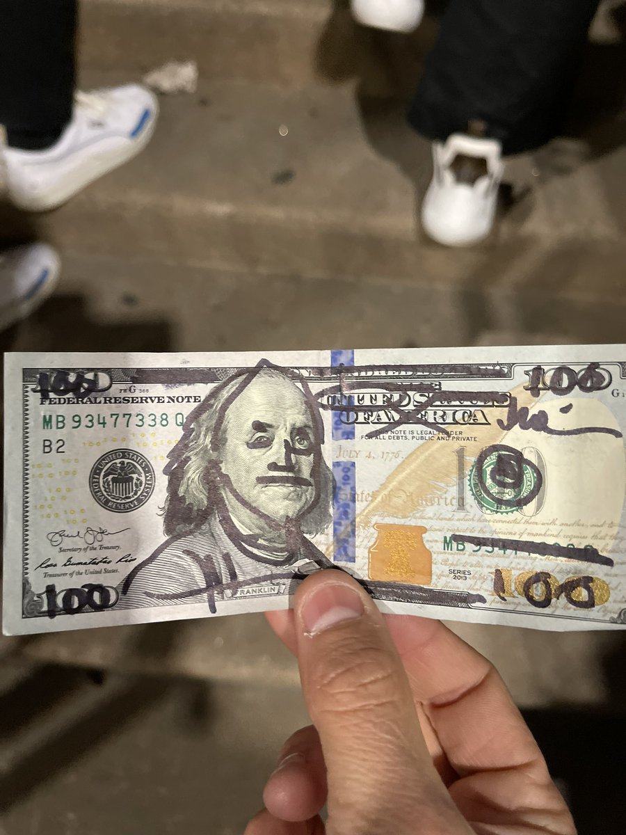 MatSposta's tweet image. Some up and coming artist name @beeple destroyed this $100 bill. I wonder if they’ll accept it anywhere? Probably nothing…