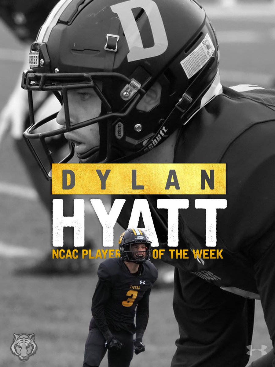 DePauwTigersFB's tweet photo. Congrats to CB Dylan Hyatt, @NCAC Defensive Player of the Week!

#TeamDePauw | #TigerPride https://t.co/8aws8T6dmi