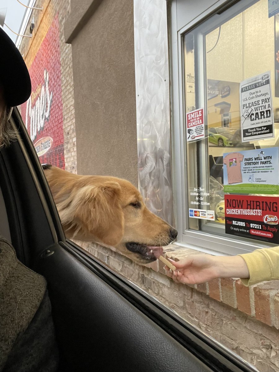 DukeDAdventure's tweet photo. Snacks at Raising Cane’s at the drive up window. I’m gonna get chicken fingers from Dad. #raisingcanes #Canes https://t.co/axlIftPnQB