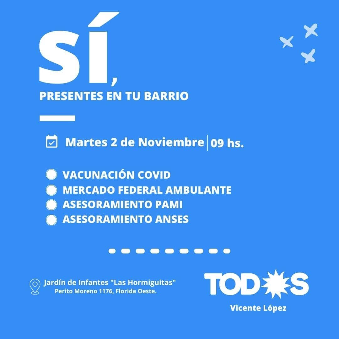 fuerzapatria_vl's tweet photo. #Sí a estar presentes en los barrios 🤝🏻
🗓 Martes 2 de noviembre
⏰9 hs
📌Jardín de Infantes #LasHormiguitas
👉 Vacunación COVID
👉 Asesoramientos de PAMI y ANSES.
👉 Mercado Federal Ambulante. https://t.co/6okjiZqoWM