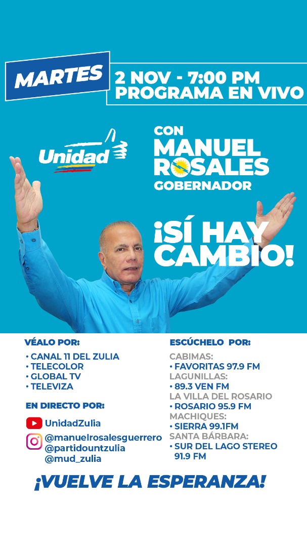 #1Nov Éste martes #2Nov estaré nuevamente en el programa #ZuliaGrande donde trataré temas de relevancia política, económica y social para nuestro estado. También detallaré planes y proyectos que tendrán lugar a partir del próximo #21Nov.