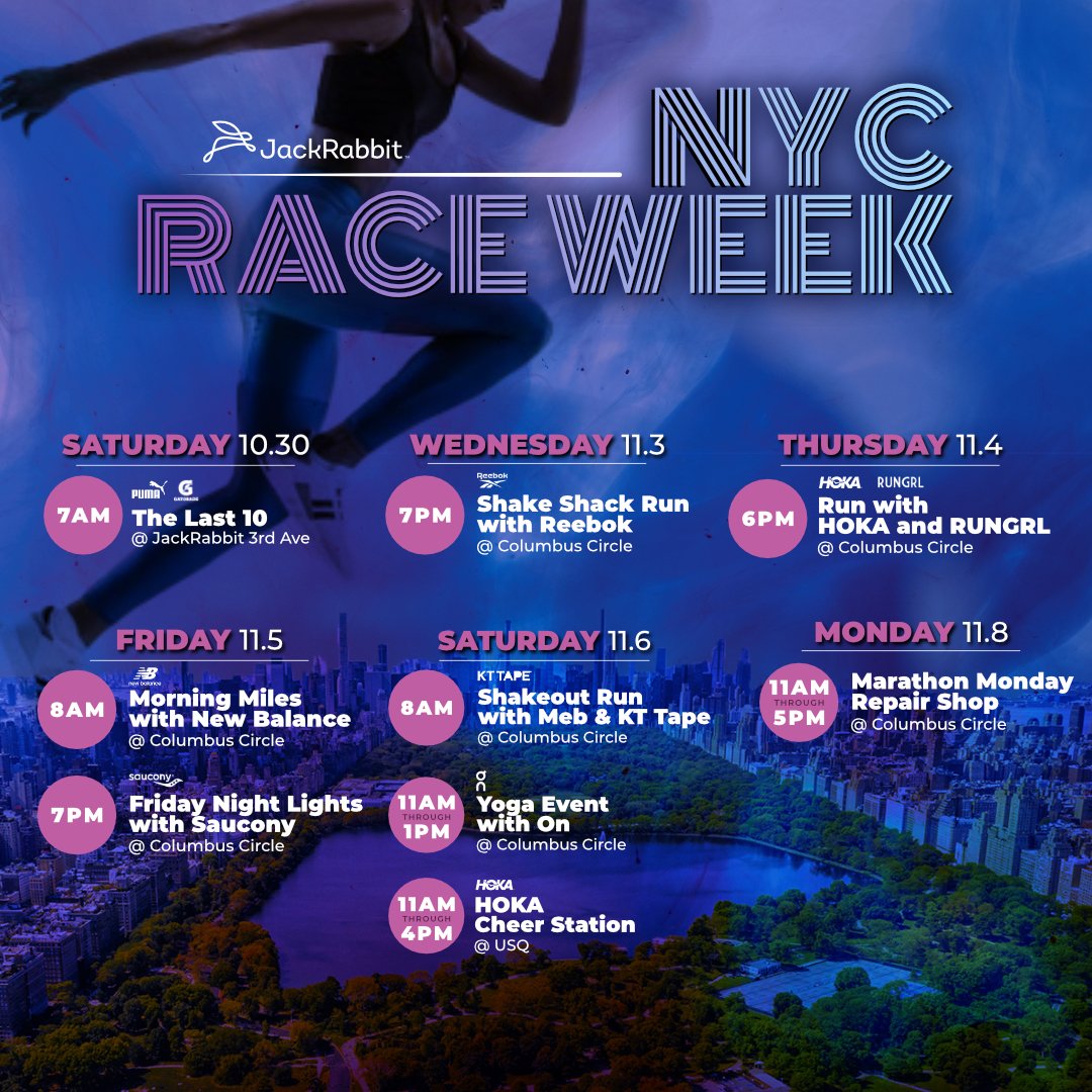 jackrabbit's tweet image. All week long, we’ll be hosting in-person group events in the lead-up to the 50th anniversary of the @nycmarathon

There will be giveaways from our favorite brands, pro athlete Q/A’s, marathon race day strategy advice, and more

LINK TO RESERVE A SPOT:
bit.ly/2Z9bWIa