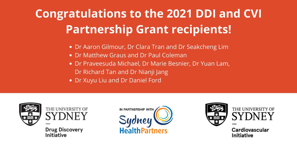Sydney_DDI's tweet image. We&apos;re excited to announce that the recipients of the 2021 DDI + @USYD_CVI Partnership Grants have been chosen!

Thank you to all who applied, and congratulations to the four successful teams.

You can read more about their projects here: bit.ly/DDICVIGrants #drugdiscovery
