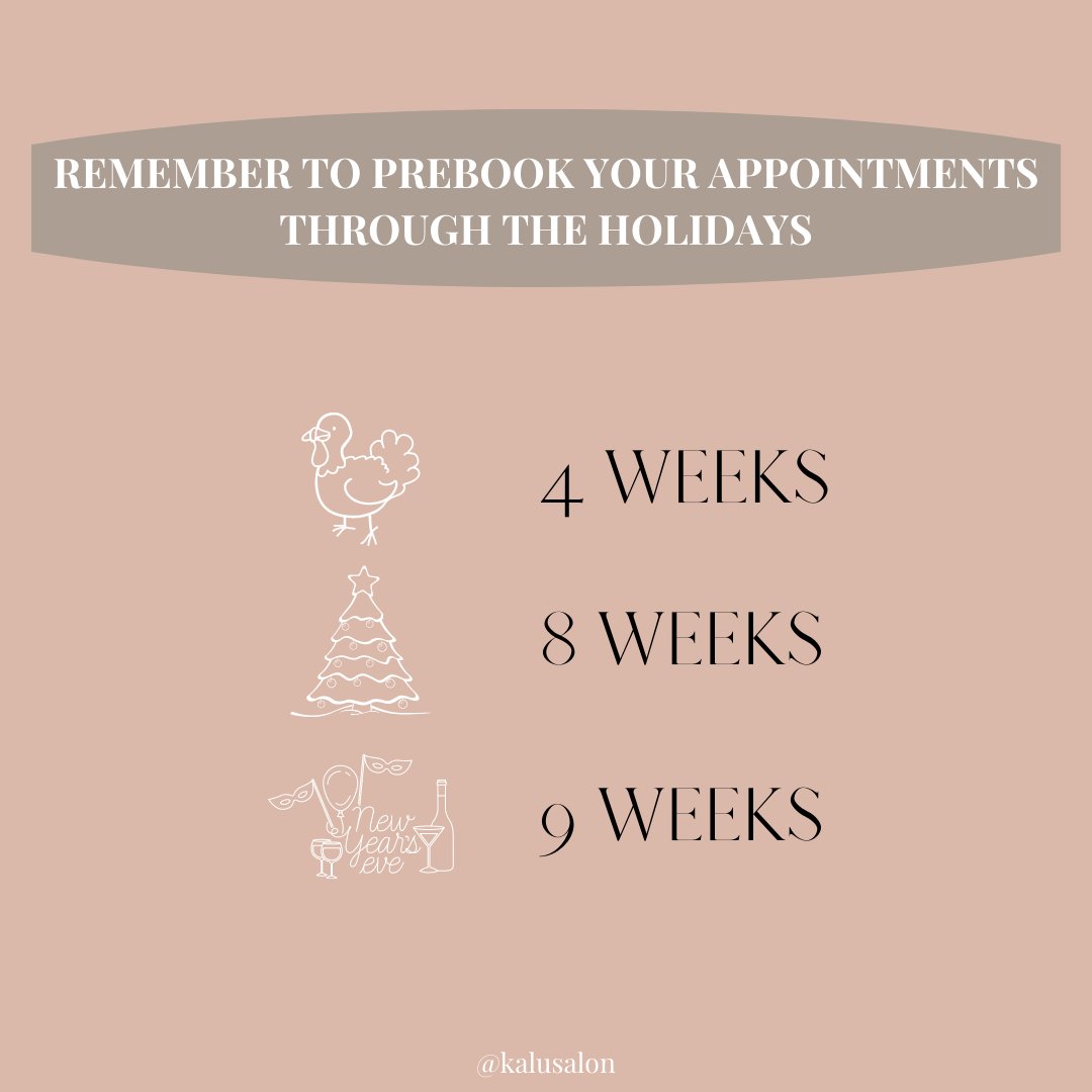 KaLuSalon's tweet photo. Time is ticking down and we are booking up.  Get those Holiday hair appointments on your calendar and ours before it's too late.

Give us a call or go to our website! #BuffaloNY #Buffalo https://t.co/FaQKX4sohO