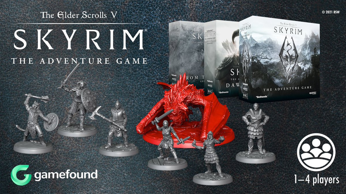 Modiphius's tweet photo. The latest update on The Elder Scrolls Skyrim Adventure Game ahead of tomorrow's launch on Gamefound at 1pm UK time, including stretch goal reveals, box contents, and a great preview from Adam Smith at Rolling Solo https://t.co/I8Gia6JzRK https://t.co/hAOYEHsZ62