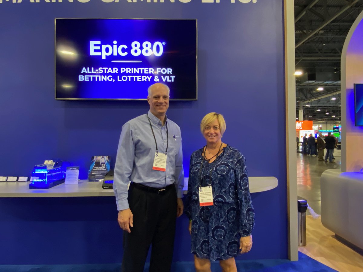 TransActTech's tweet photo. #TACTNews: TransAct's Tracey Chernay, pictured here with Lou Kelly, was interviewed by G3 Magazine for its November edition. Tracey reflected on the 2021 G2E and shared her predictions for next year: https://t.co/stRLlMnG60 https://t.co/WwWsObuVVO