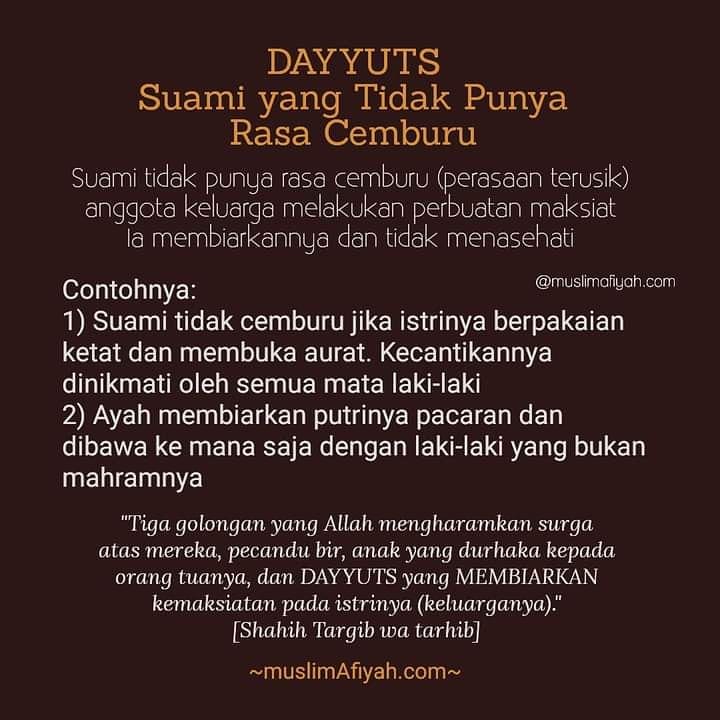 Setiap suami sebagai kepala rumah tangga akam ditanya di akhirat mengenai perbuatan anggota keluarga yang menjadi tanggung jawabnya. Jika istri bermaksiat, maka suami juga akan ditanya dan diminta pertanggung jawaban di akhirat kelak
muslimafiyah.com/dayyuts-suami-…