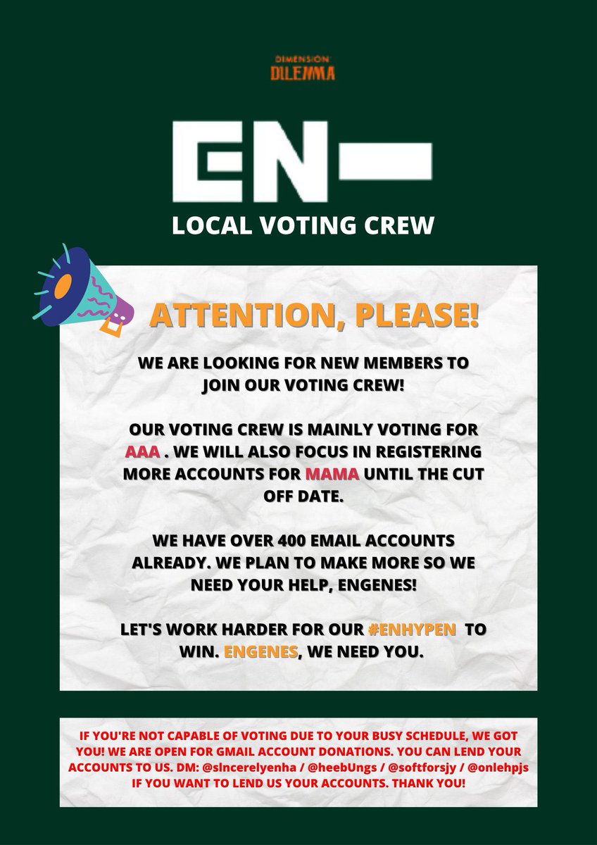 envotingcrew's tweet photo. 📣 LOOKING FOR NEW ACTIVE MEMBERS ! 

[see poster for more info]

and we're still accepting gmail account donations—you can lend us your accounts. we got you! ❤️🧚🏼‍♂️✨

DM us if you want to join our voting crew!! 

—For #ENHYPEN https://t.co/wfmbZmitdb