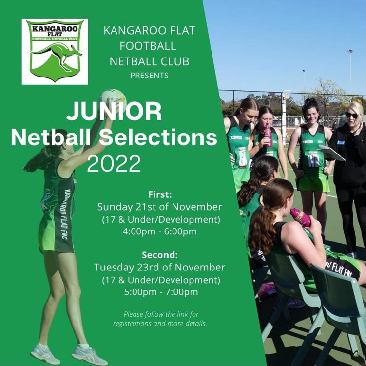 Kangaroo Flat FNC Netball Selections 2022 

To register and for more information, click on the following:

Seniors 👉🏼  docs.google.com/forms/d/e/1FAI…

Juniors 👉🏼 docs.google.com/forms/d/e/1FAI…