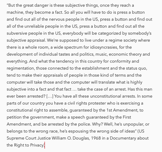 gabrielazanfir's tweet photo. “But the great danger is these subjective things, once they reach a machine, they become a fact. ... Everybody will be categorized by somebody’s subjective appraisal." Supreme Court Justice William O. Douglas, 1968 (!) recording:
https://t.co/BQ2oZ75g6Z
#RightofPrivacy https://t.co/s5gZiTn7HO