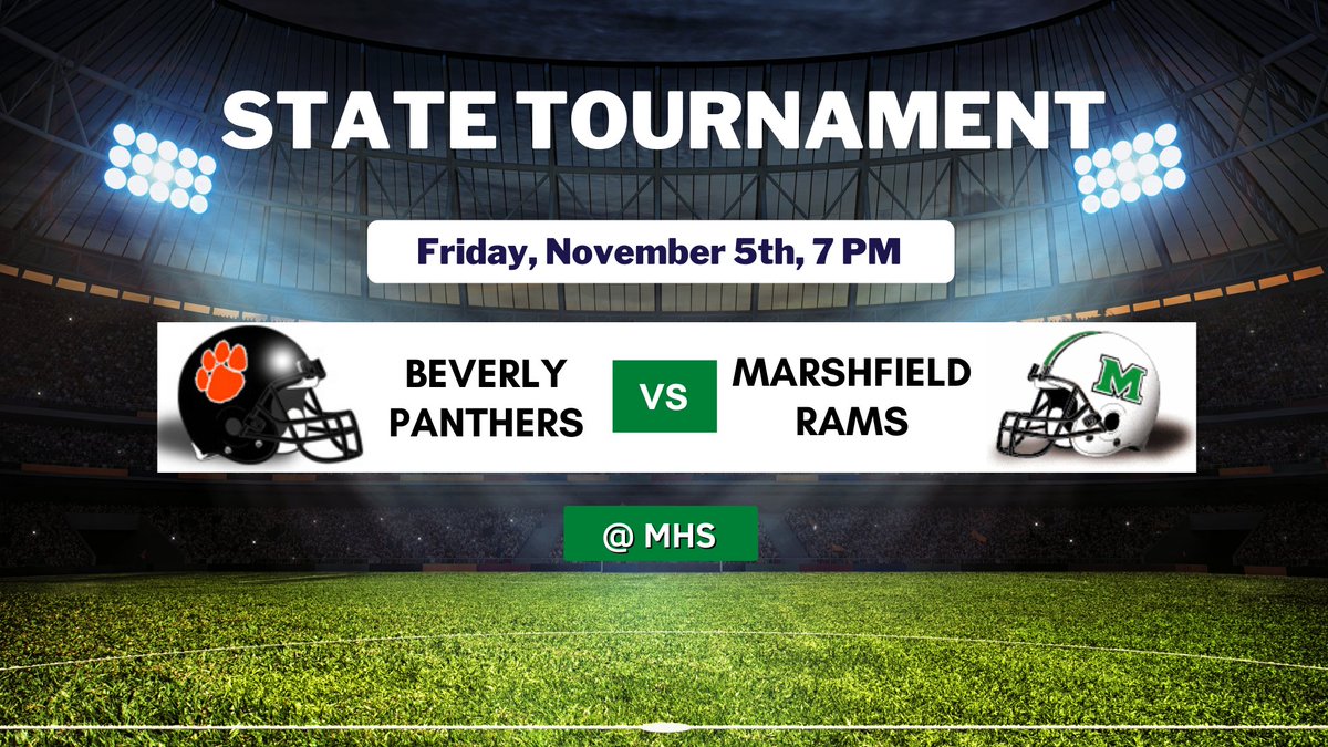 MSBramsTV's tweet image. The @MarshfieldRams will host a state tournament game Friday night against the Beverly Panthers at 7 PM. Roll, Rams, roll! 🤘