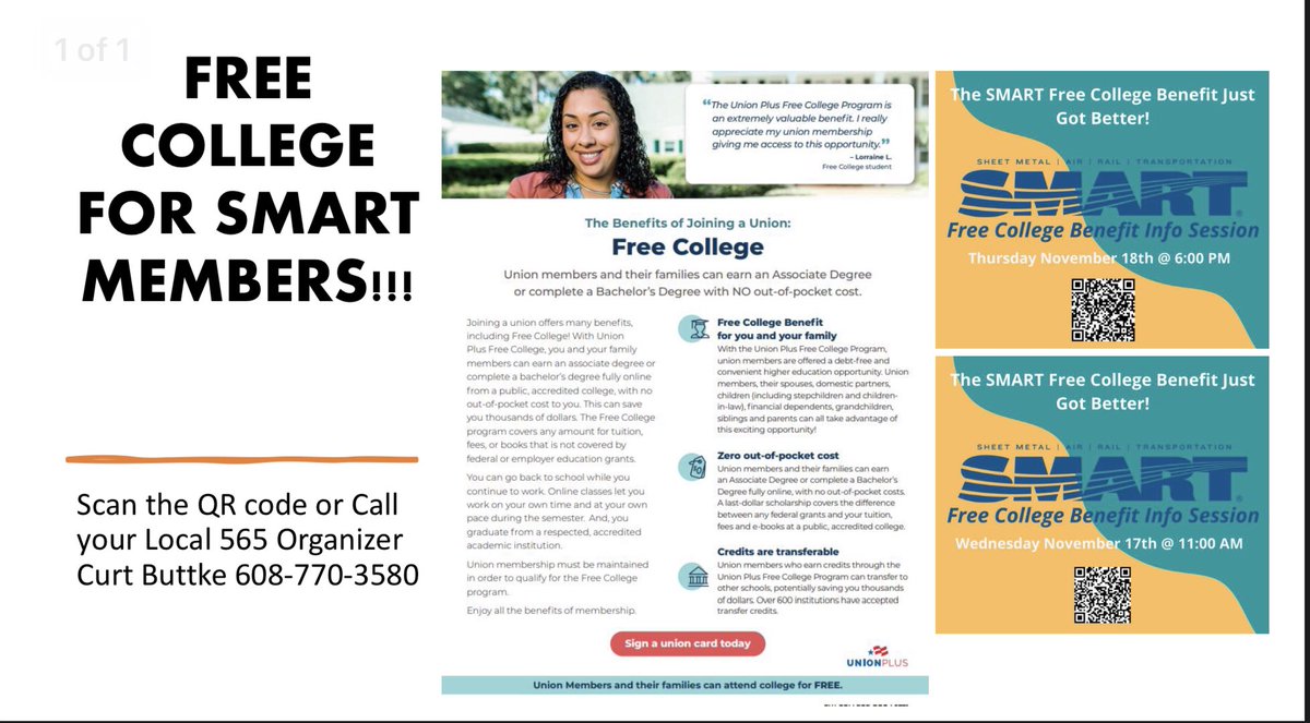 565Local's tweet image. Have you ever thought of going back to school? Worried about the cost? Register for our Q&amp;amp;A session about how you’re eligible for free college because of your Local 565 membership!

Scan the QR code or Contact your Local 565 Organizer Curt Buttke 608-770-3580