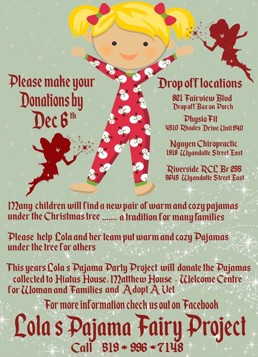 Today we are so excited to officially kick off LOLA'S PAJAMA FAIRY PROJECT 2021!  This will be another year that warm and cozy pajamas will be needed more than ever. We have no doubt that the communities around Windsor and Essex County will make this happen.