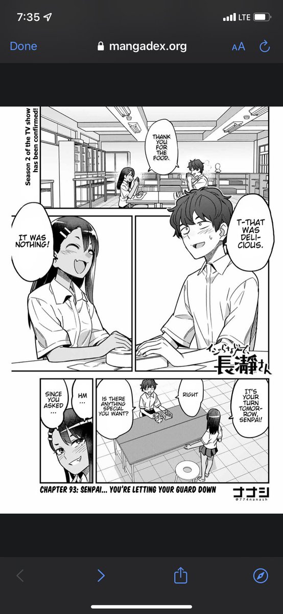 SlayerOnN64's tweet photo. Chapter 93 of the nagatoro manga is out!
//
//
//
SPOILERS
I like how they picked up pretty much right after last chapter when they said they’d make bentos for eachother from now on and from the looks of it naotos jealous which feels weird to say 😂 but maybe this guy is https://t.co/FRXJTkiGI2