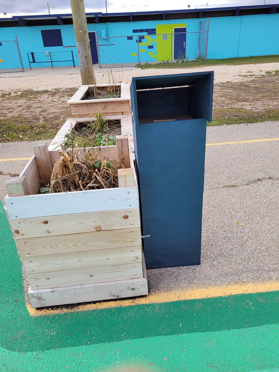 Kikbrunel's tweet photo. In partnership with @WinnipegTrails and @CerilliCalvin, our outdoor recycling drop boxes around @cbLRSD are installed and ready to serve our community. Just waiting on our signage to be printed, but they are open for collection. Currently accepting used medical masks. https://t.co/nyd1FsMKtg