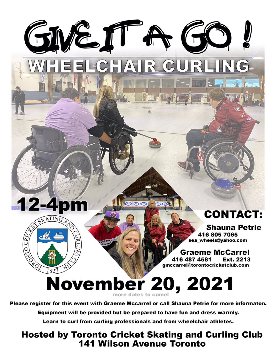 Give wheelchair curling a try! Sat Nov 20, 12-4pm at Toronto Cricket Skating &amp; Curling Club <a href="/TCSCC_Athletics/">Toronto Cricket Club</a>