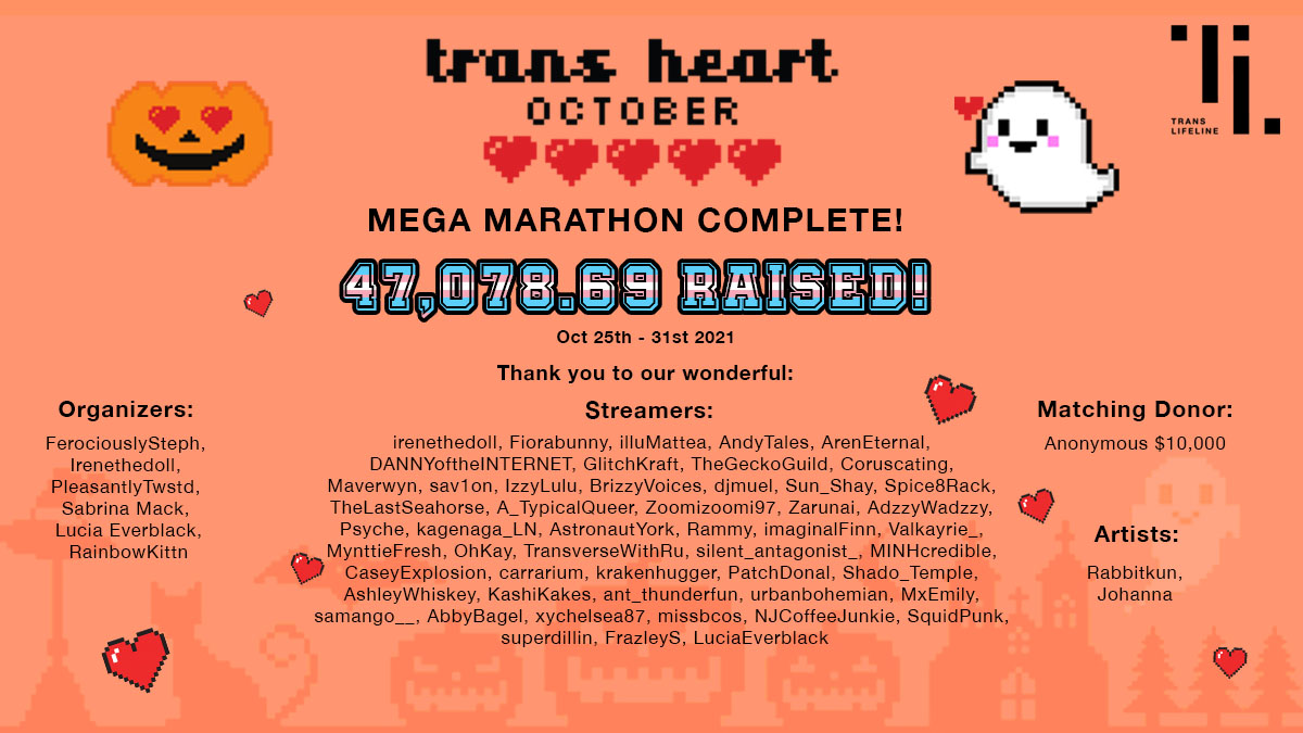TransLifeline's tweet photo. #TransHeartOctober came to a close with an incredible 7 day, 51 streamer marathon! A huge thank you to all of our streamers, organizers, artists, and donors for collectively raising $47,078.69 during the week-long effort!
We are so impactful when we come together!! https://t.co/Ax7LnOIUeL