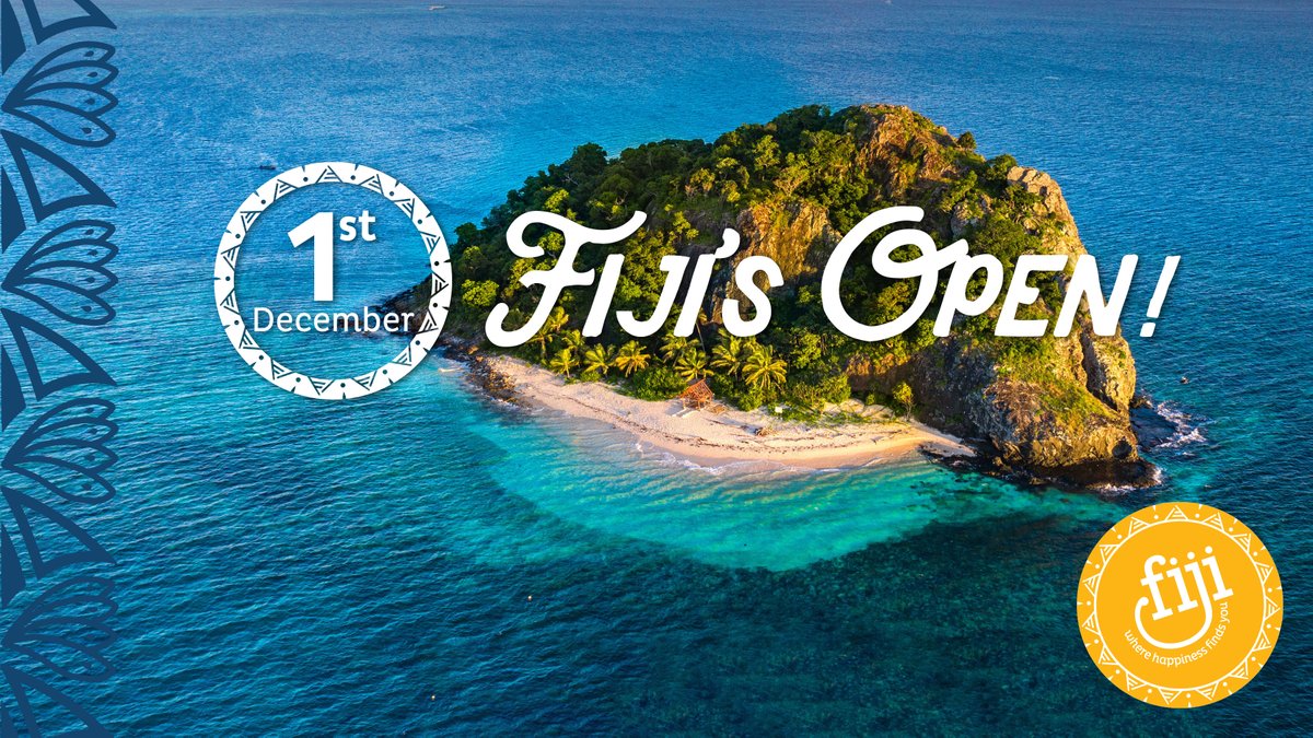 FHTA_Fiji's tweet photo. It's official! Fiji formally opens its border to full vaxxed travellers from travel partner countries starting Dec 1. Start planning those Fiji happy moments now. #FijisOpen #TravelFromDecember #BookNow #Fiji #FijiTravel #Veilomani #Viti #Tourism #Hotel #FHTA #FHTAFiji https://t.co/m2Fbc8xAOo