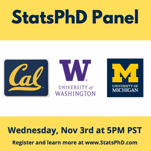 Dan Kessler (@dankessler) on Twitter photo If you're considering doing a #StatsPhD, consider joining us for a virtual panel discussion with current PhD students from <a href="/UMichStatistics/">Statistics</a>, <a href="/UWStat/">UW Statistics</a>, & <a href="/UCBStatistics/">Berkeley Statistics</a> happening this Wednesday at 8PM EDT / 5PM PDT. Sign-up at StatsPhD.com
<a href="/ThisisStats/">This is Statistics</a> <a href="/AmstatNews/">ASA</a> If you're considering doing a #StatsPhD, consider joining us for a virtual panel discussion with current PhD students from <a href="/UMichStatistics/">Statistics</a>, <a href="/UWStat/">UW Statistics</a>, & <a href="/UCBStatistics/">Berkeley Statistics</a> happening this Wednesday at 8PM EDT / 5PM PDT. Sign-up at StatsPhD.com
<a href="/ThisisStats/">This is Statistics</a> <a href="/AmstatNews/">ASA</a>