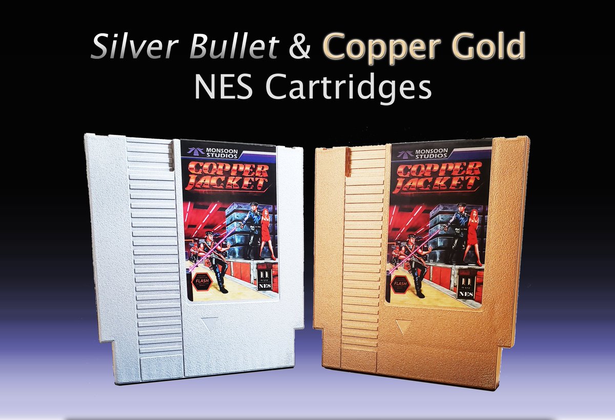 MonsoonStu's tweet photo. Samples of a few of our special carts are finished! Stay tuned for more details on our new NES game #CopperJacket 

#nes #IndieGameDev #nesdev #gamedev #indiegame #retrogames #8bit #RetroComputing https://t.co/E3G2x6xULZ