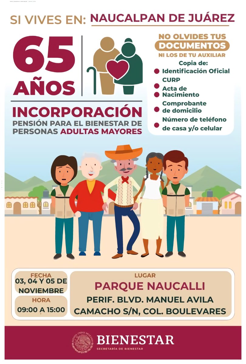 👩🏼‍🦳 ¿Tienes 65 años o más? 👨🏼‍🦳

Tramita tu Pensión para el Bienestar de las Personas Adultas Mayores ($3,100 bimestrales).

El registro se llevará acabo en el Parque Naucalpan los días 3, 4 y 5 de noviembre en un horario de 09:00 a 15:00 horas.