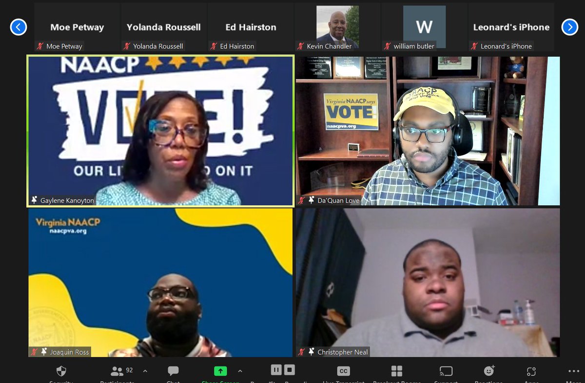 NAACPVirginia's tweet image. Over 100 of our branch leaders on tonight's call to prep our units for tomorrow's @NAACP Black Voter Protection Program: POLL PATROL. #WeWatching