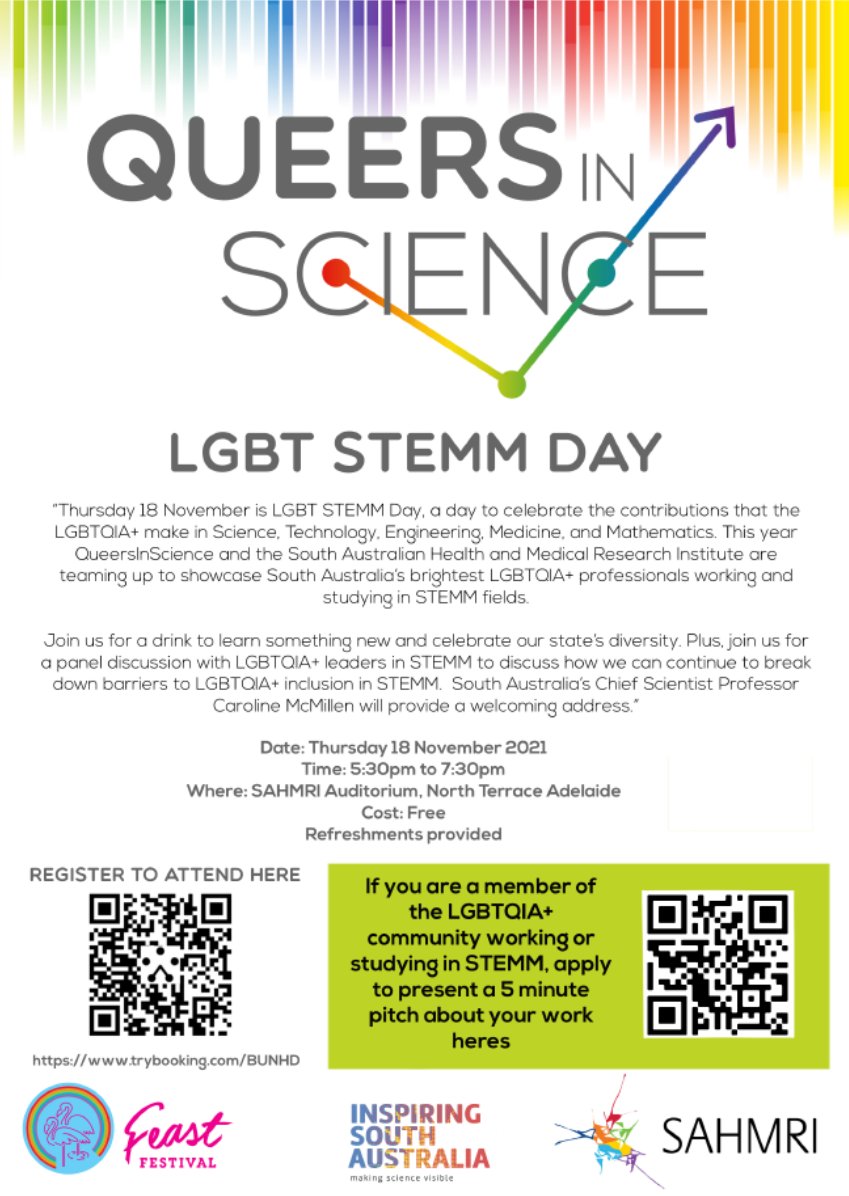 If you're in SA you get to celebrate #LGBTSTEMDay in person! 🌈

Our Queers in STEMM Showcase highlights contributions to science by #LGBTQIA+ South Australians! Sign up as a presenter or attendee ⬇️

Show us your science: docs.google.com/forms/d/e/1FAI…
Register: feast.org.au/events/queers-…