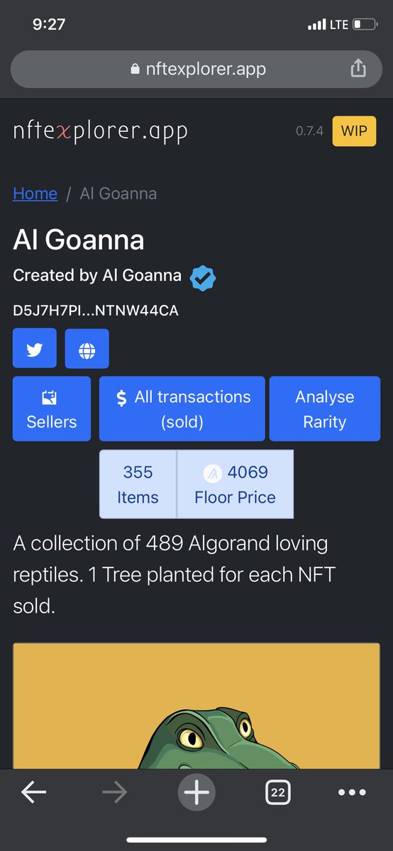 Sol_Sponge's tweet image. The floor price of @al_goanna is now 4069 ALGO, the next listing is 10,000 ALGO. 

There are only 6 listings of 355 NFTs (1.6%)

We are still in the first inning
