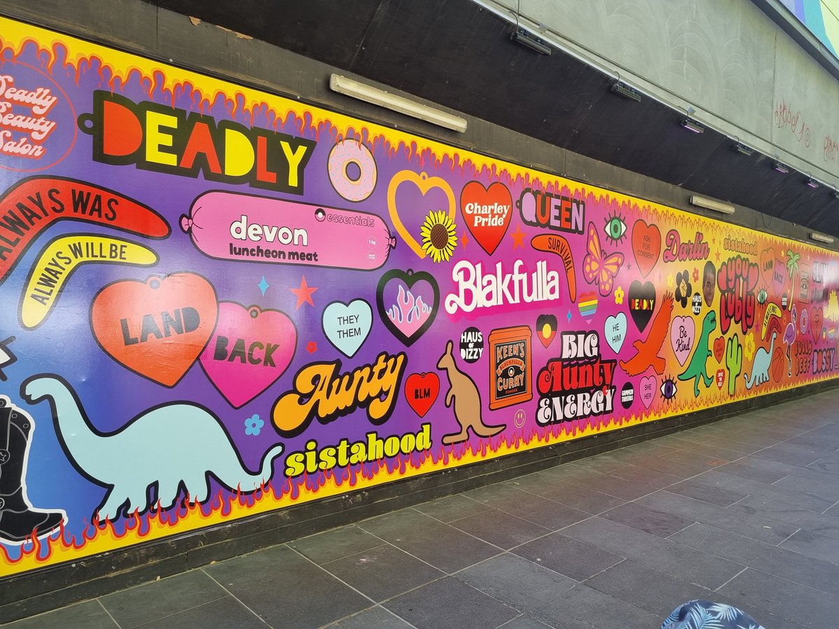 dr_krystal's tweet photo. Love this #deadly mural! Awesome art collaboration from @hausofdizzy #gamminthreads in #Melbourne CBD. https://t.co/xYpa7sWUYc