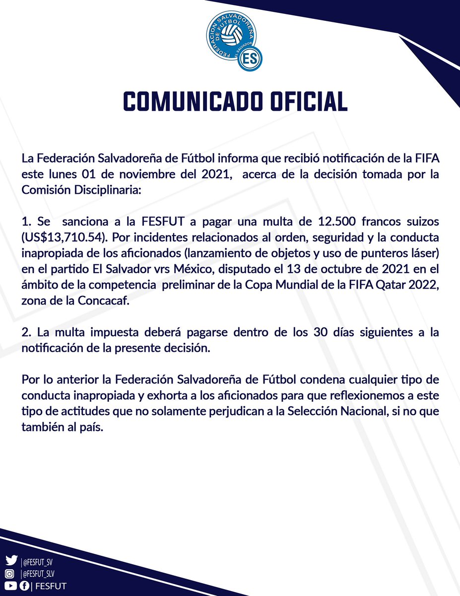 La <a href="/fesfut_sv/">FESFUT</a> debe pagar una multa de $13,710.54 por los incidentes de los aficionados ante México.

#33Sports