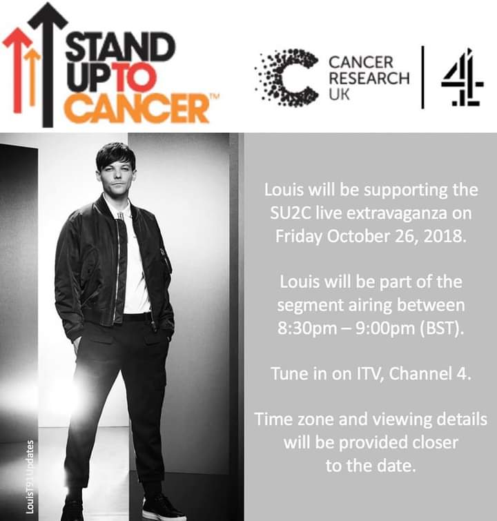 in 2018 louis tomlinson participated in "stand up to cancer" which is a fundraiser for cancer research. he is a person with a huge heart